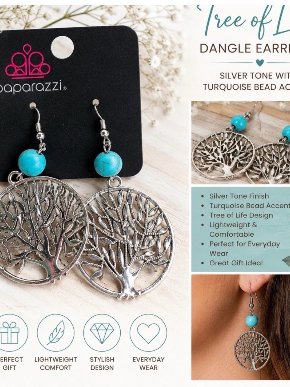 paparazzi Turquoise and Silver Tree of Life Dangle Earrings